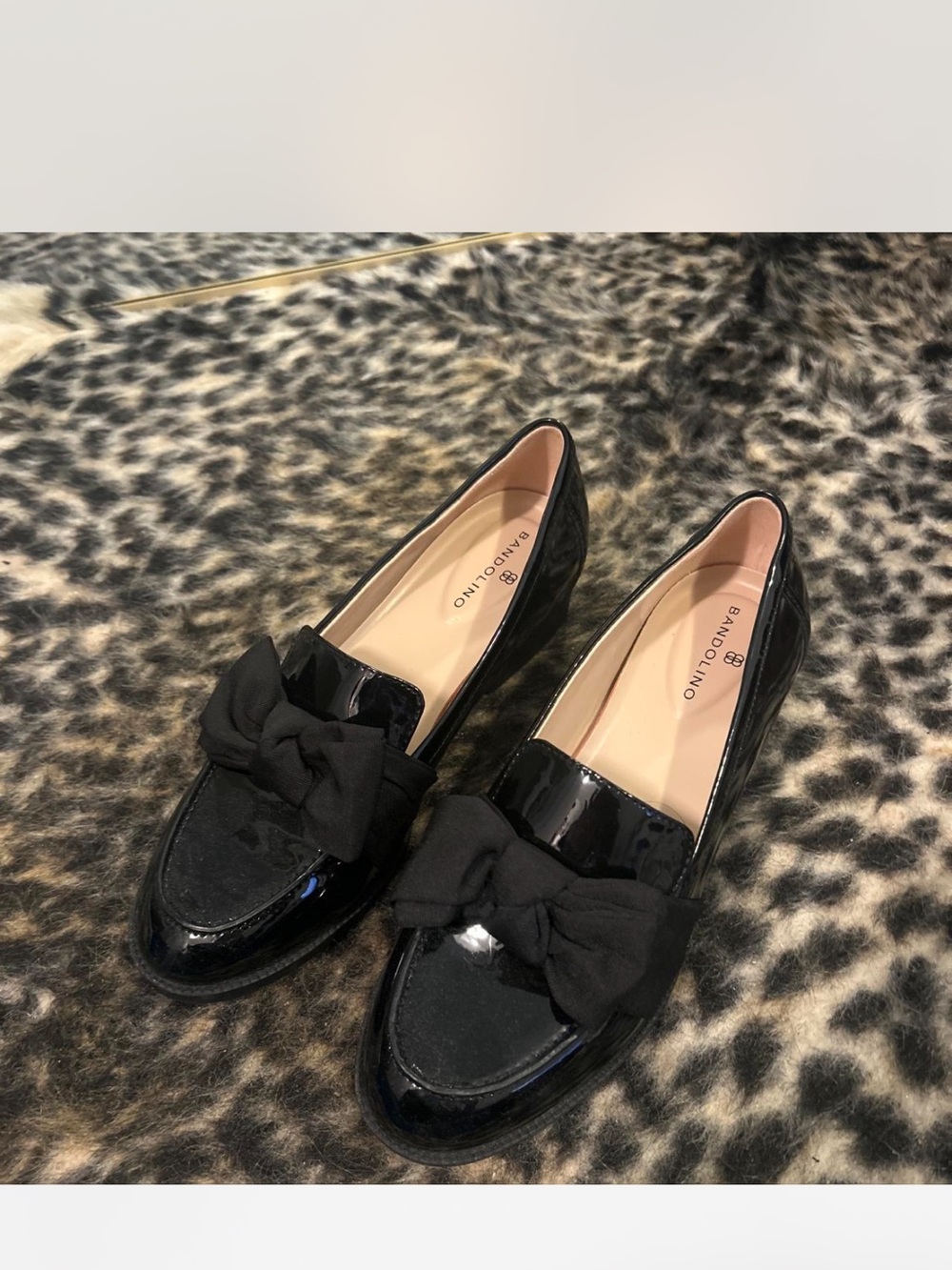 Bandolino Black Patent Loafers with Bow Accent